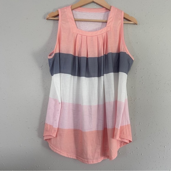 Tops - 🦋 Striped Sleeveless Top - Pink, Gray, White Casual Summer Colorblock XXL